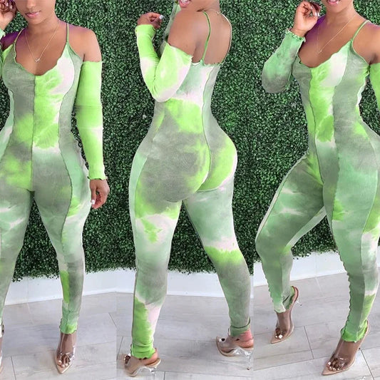 Tie-Dye Print Off-the-Shoulder Deep V-Neck Sexy Camisole Long Sleeve Bodycon Skin Tight Women's Jumpsuit