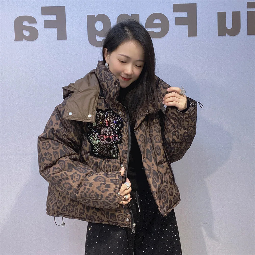 Leopard Rhinestone Hip-Hop Minnie Mouse Print Women's Quilted Cotton Down Hooded Jacket