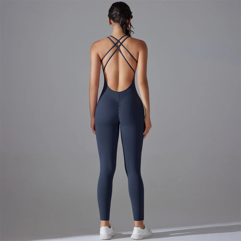 Fitness Solid Color Women's Criss-Cross Scrunch Workout Jumpsuit