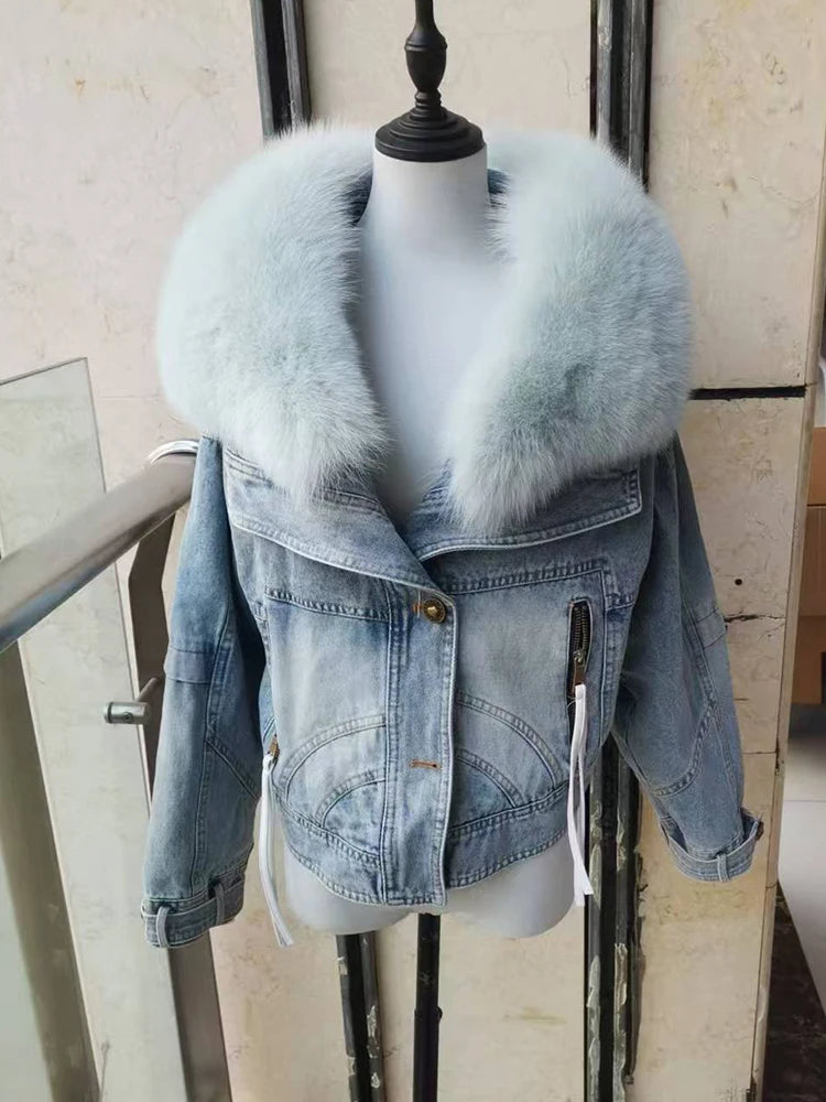 Denim Oversized 100% Real Fox Fur Collar Short Women's Goose Down Puffer Jean Jacket