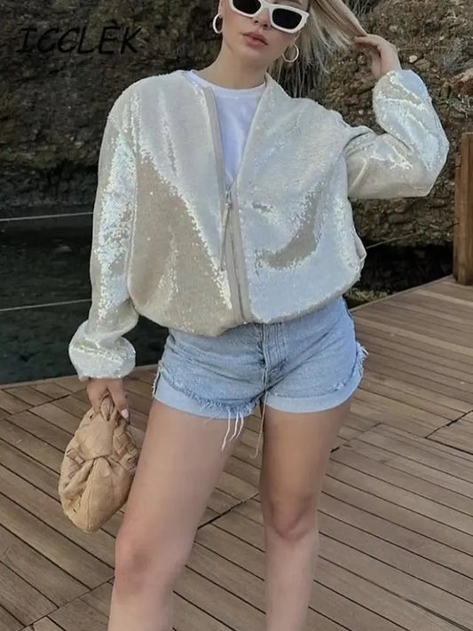 Women's Sequin Metallic Long Sleeve Bomber Jacket