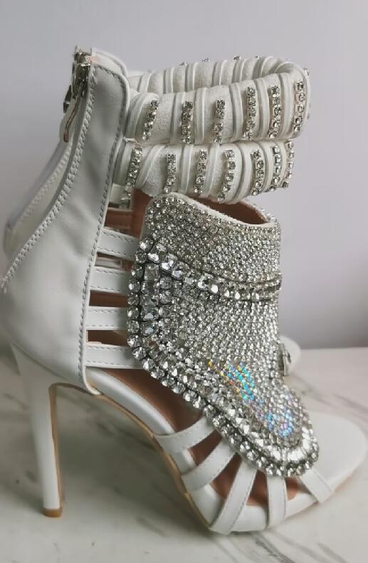 Glitter Crystal Stiletto Rhinestone Peep Hollow Sandal Ankle Boots