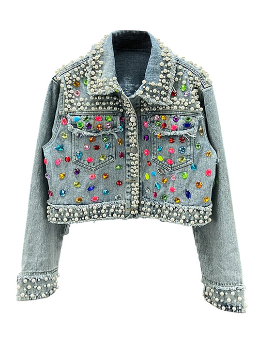 Denim Women's Pearl Colored Gem Rhinestone Crystal Long Sleeve Jean Jacket