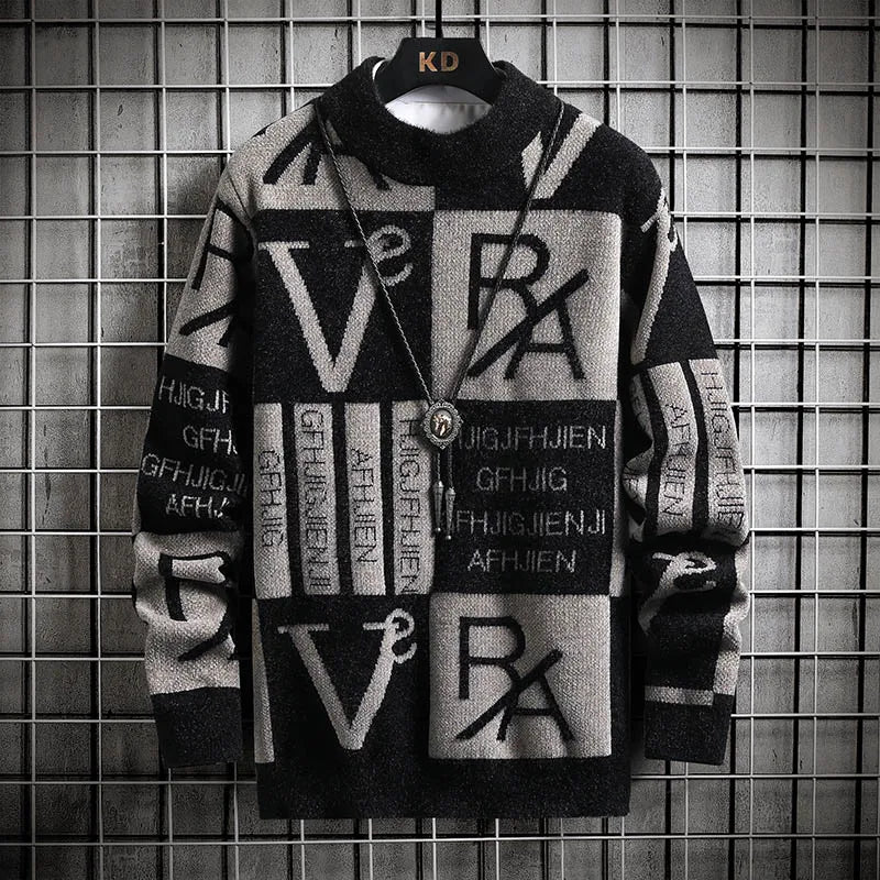 Men's Knitted Letter Geometric Colorblock Print Round Neck Pullover Sweater