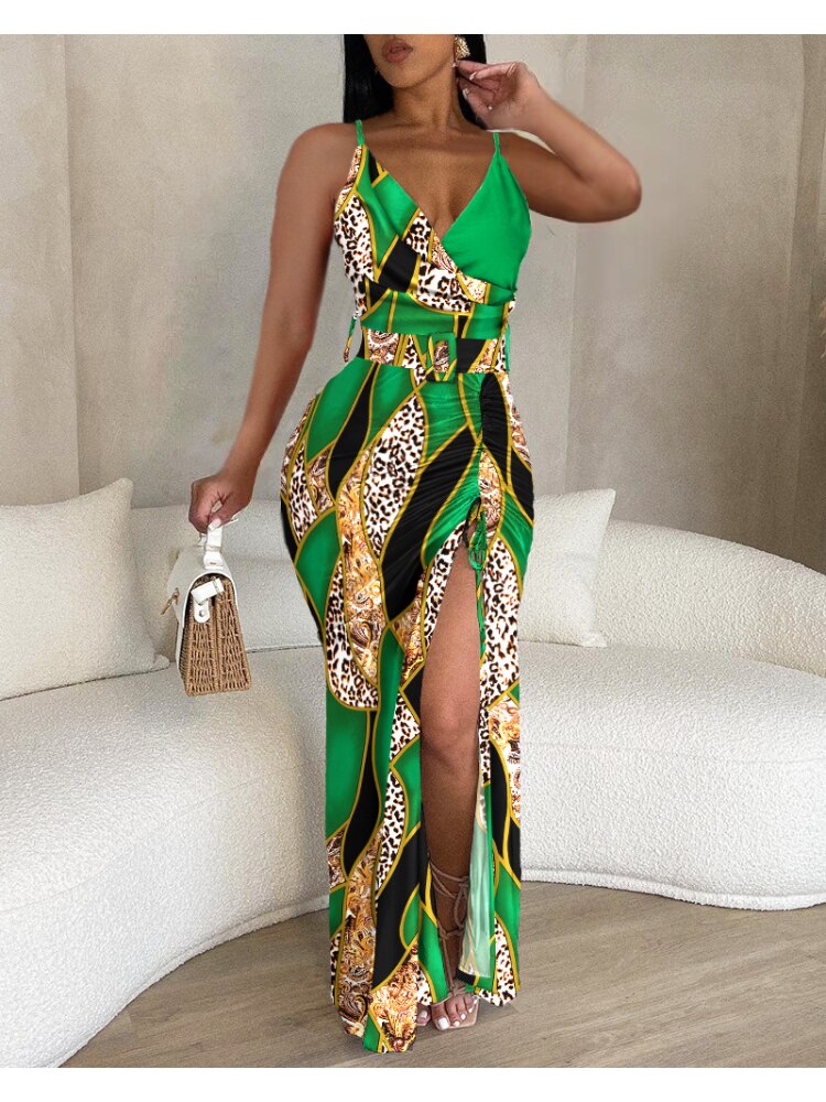 Geometric/Floral/Tropical/Zebra Print Plunge High Slit Drawstring Maxi Dress