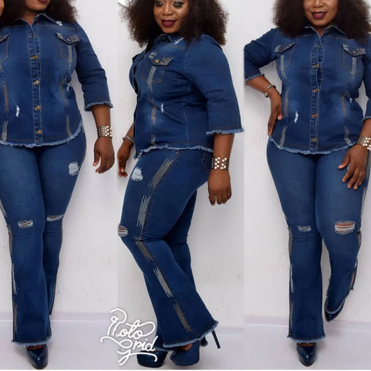 Ripped Denim Ombre Washed Faded Ladies Long Sleeve Blouse + Button Fly Jeans Matching Set to 3X Plus