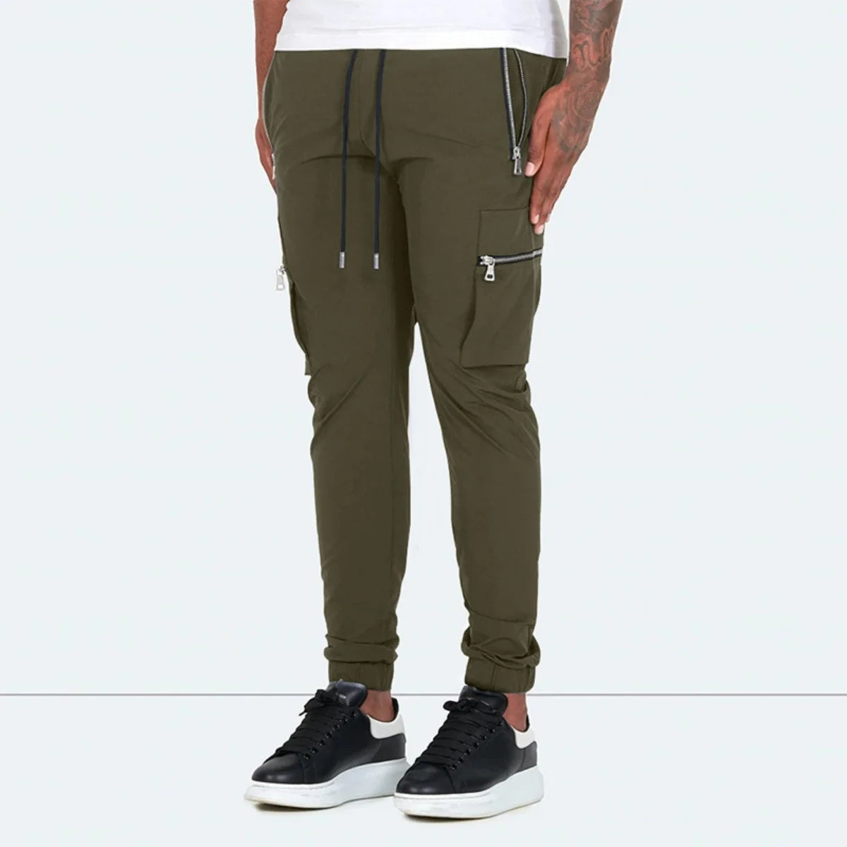 Men's Zipper Pocket Design Drawstring Solid Cargo Pants