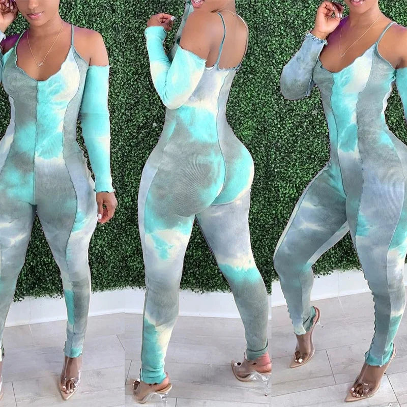 Tie-Dye Print Off-the-Shoulder Deep V-Neck Sexy Camisole Long Sleeve Bodycon Skin Tight Women's Jumpsuit