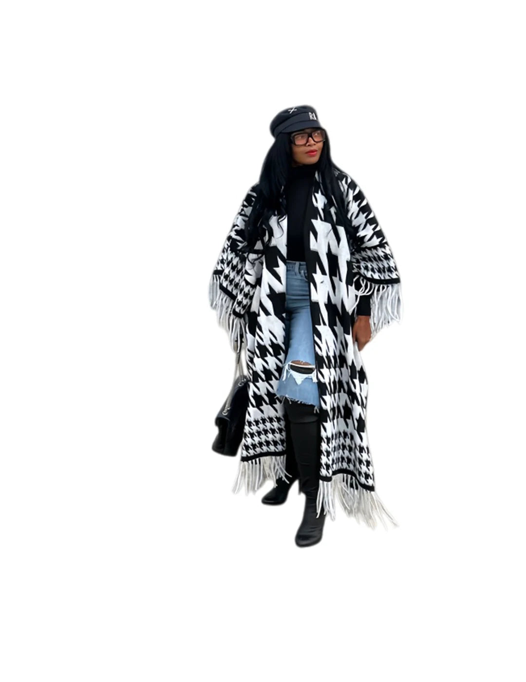 Black/White Cashmere Open Front Cardigan Kimono Tassel Fringe Women's Shawl Maxi Sweater