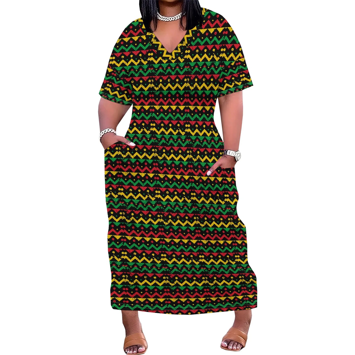 Juneteenth Flag African Colored Striped Short Sleeve Maxi Dress to 6X Plus Size