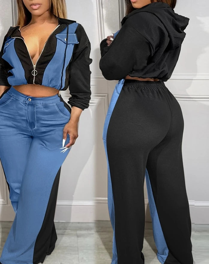 Patchwork Blue/Black Women's Colorblock Zipper Hoodie Jacket + High Waisted Pants 2-Piece Set