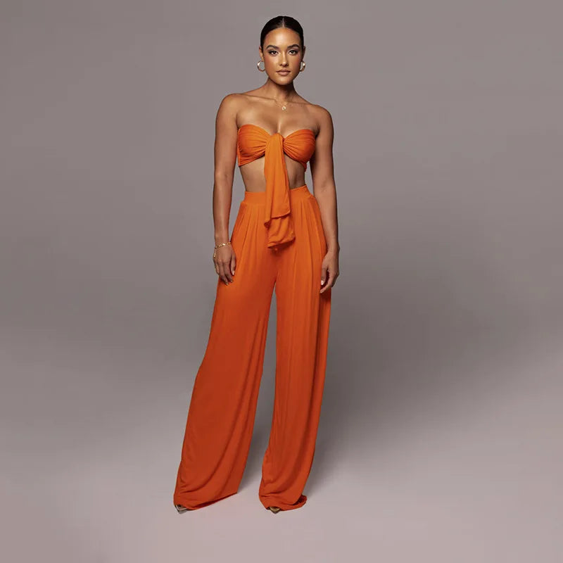 Sleeveless Bowknot Design Tube Top+ Wide Leg Pants Women's Solid Color 2-Piece Set