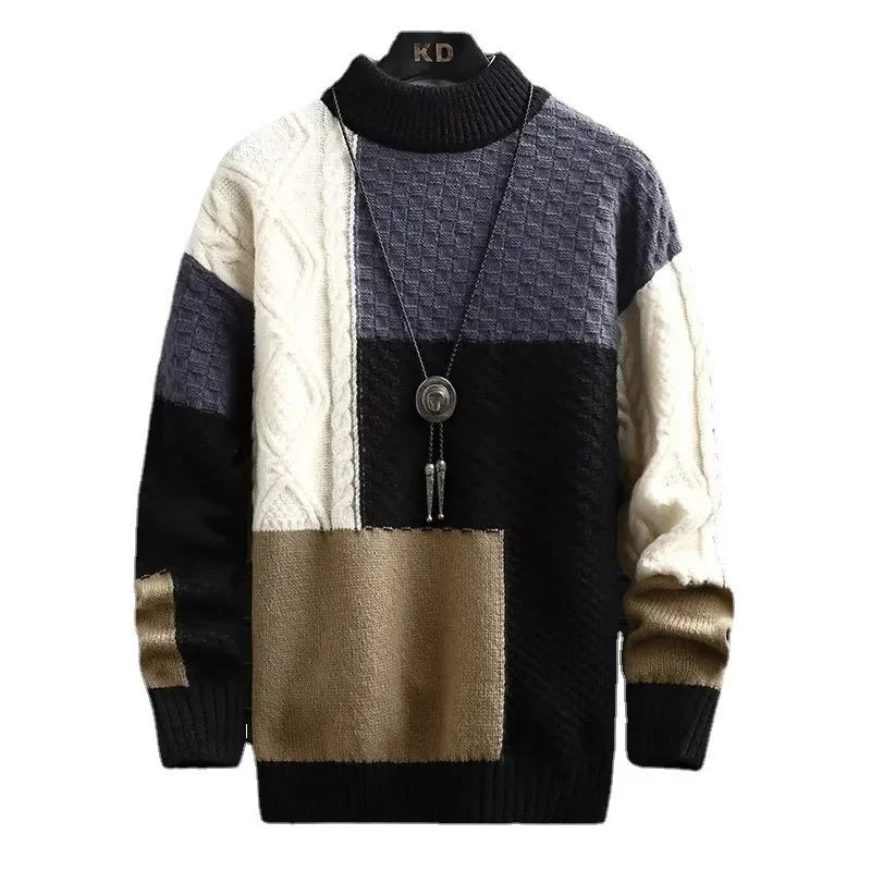 Colorblock Men's Wool Waffle Knitted O-Neck Multi-Colored Sweater