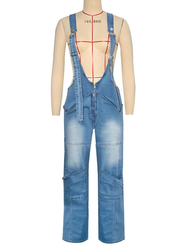 Denim Overall Design Women's Cargo Multi-Pocketed Wide Leg Jean Jumpsuit