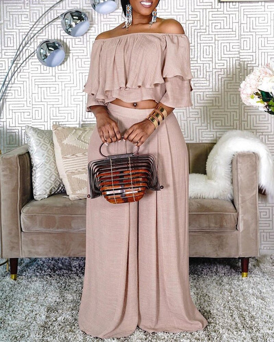 Ruffled Off Shoulder Slash Crop Top + Wide Leg Pants 2-Piece Set to 5X