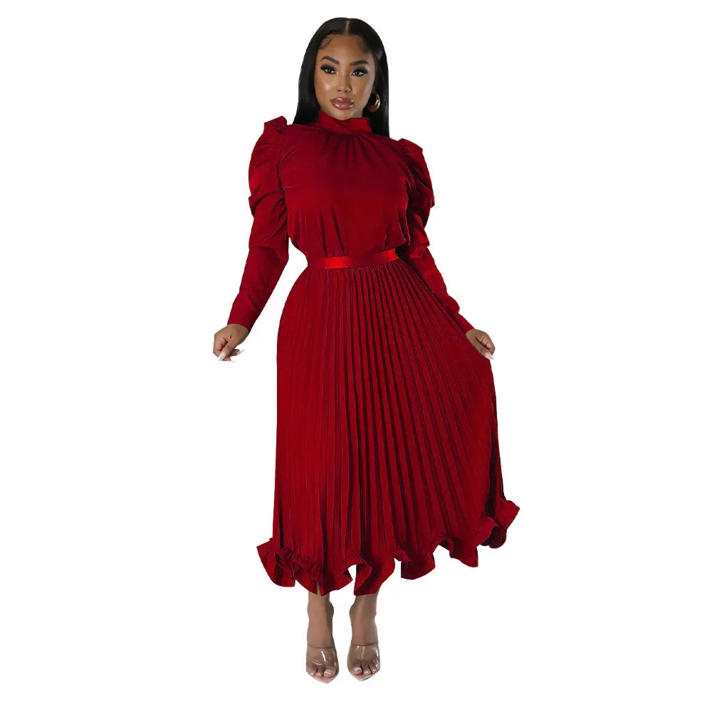 Women’s Solid Color O-Neck Lantern Sleeve Blouse + A-Line Flounce Formal Pleated Maxi Skirt w/ Sash Belt 2-Piece Set