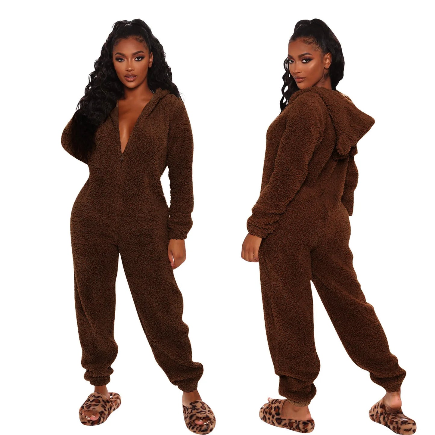 Solid Long-Sleeve Zipper Sleepwear Hooded Ladies Onesie