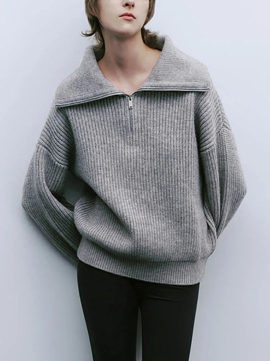 Loose Zipper Design Pullover Solid Turtleneck Knitted Women's Sweater