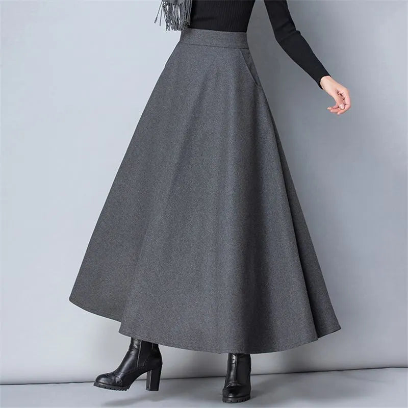 Flared High Waist Solid Wool Elastic A-Line Maxi Skirt