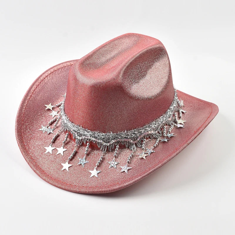 Sequin Rhinestone Metallic Tassel Fringe Women's Cowgirl Fedora Hat