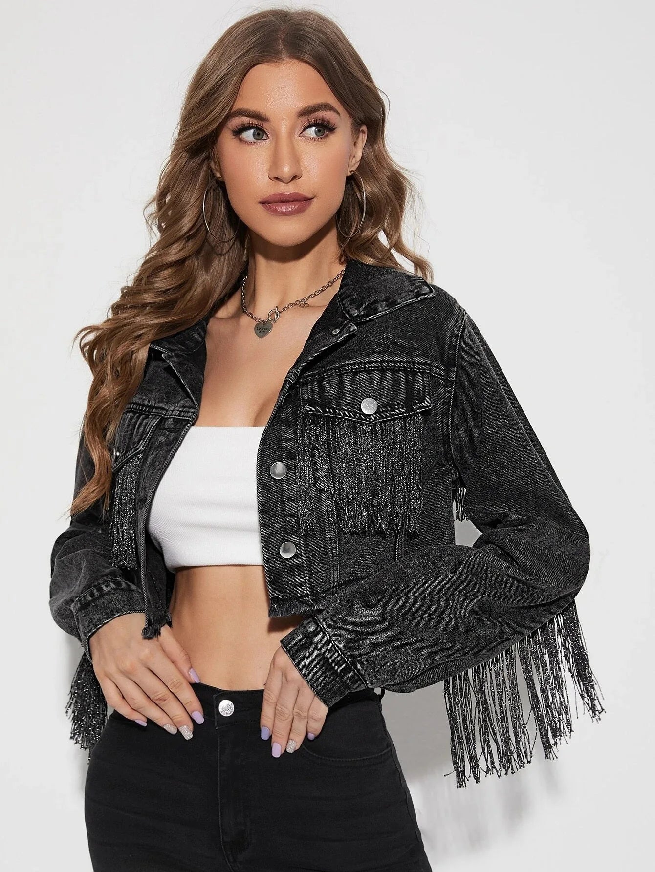 Women's Fringe Jacket Tassel Cropped Denim Jacket Raw Hem Ripped Crop Jean Jackets