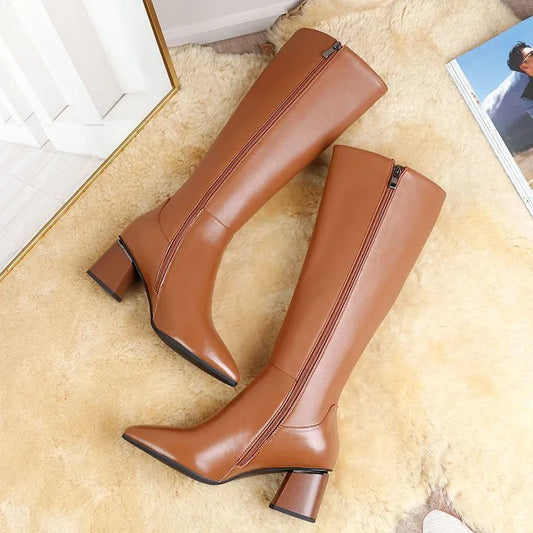 Vintage Solid PU Leather Women's Pointed Toe Knee-High Riding Boots