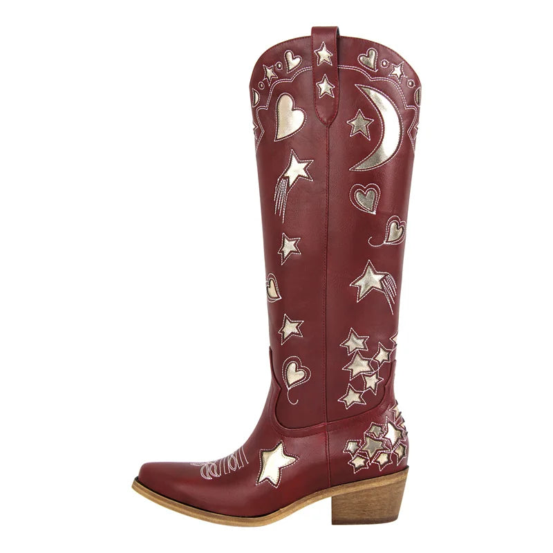 White/Pink Heart Star Moon Embroidered Design Pointed Toe Knee-High Western Side Zipper Cowgirl Rodeo Boots