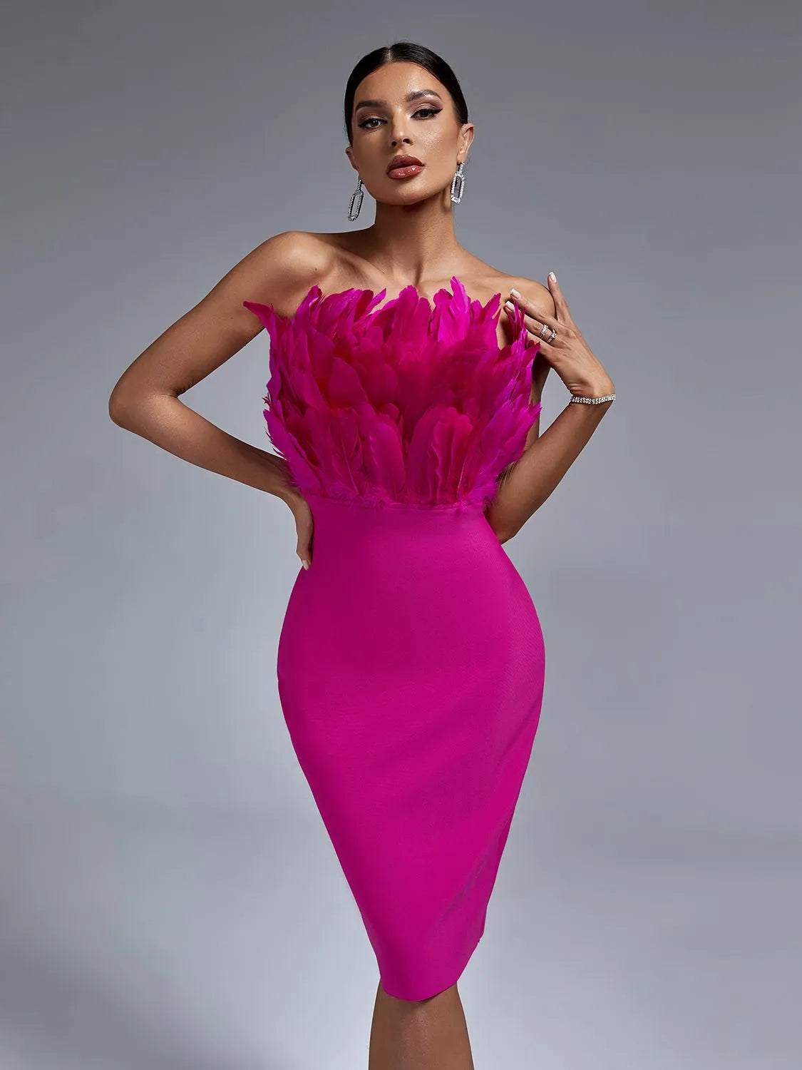 Feather Bandage Bodycon Midi Strapless Evening Dress