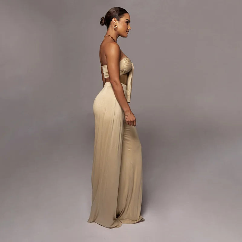 Sleeveless Bowknot Design Tube Top+ Wide Leg Pants Women's Solid Color 2-Piece Set
