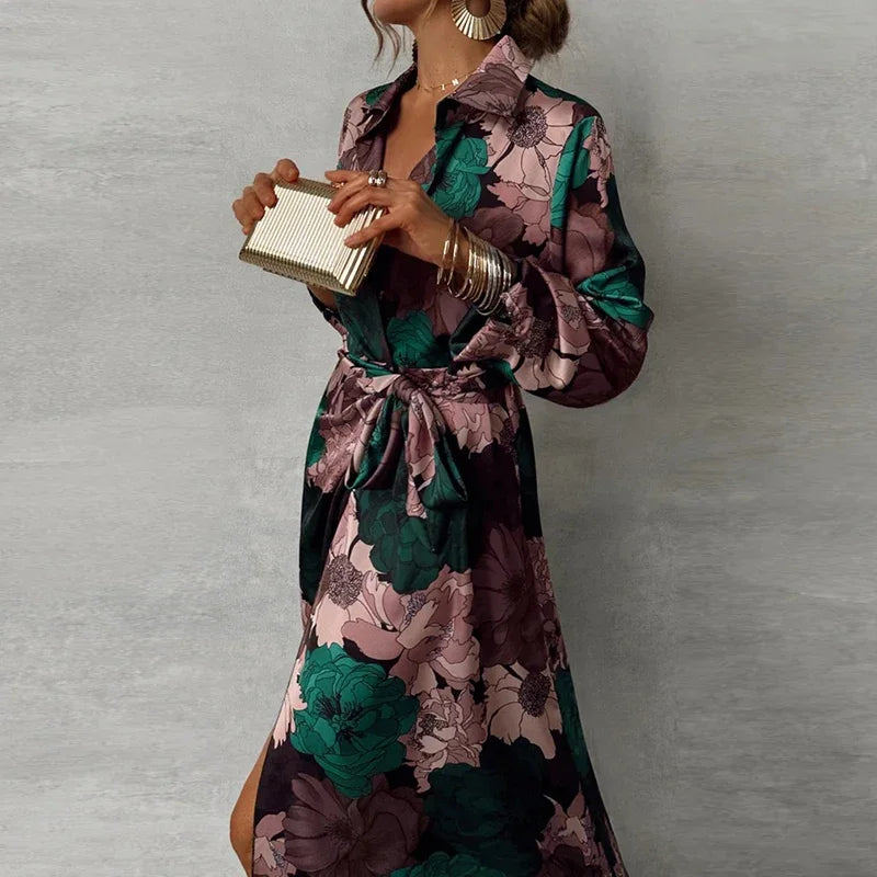 Ruffled Floral Print Puff Long Sleeve Turn-Down Collar Maxi Dress