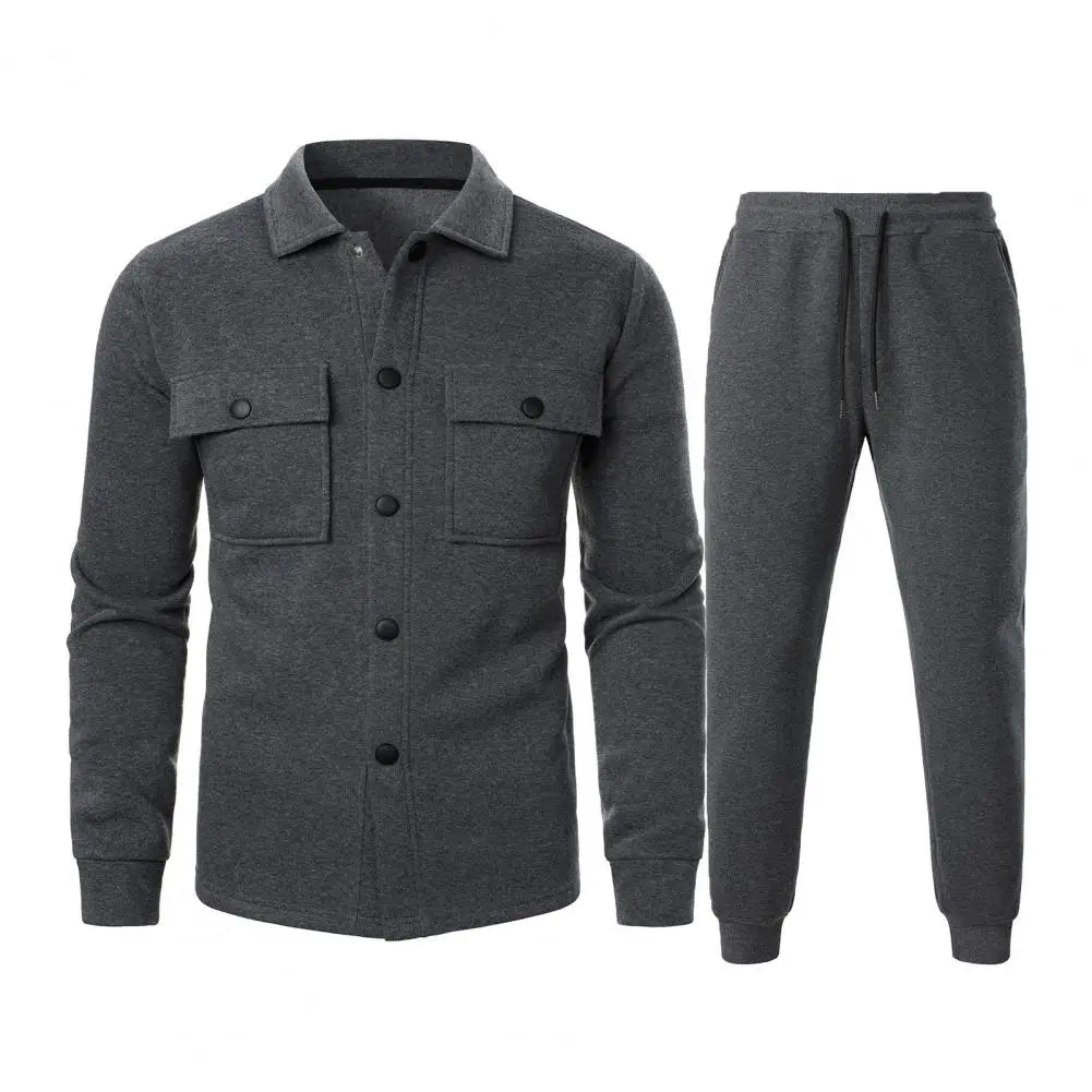 Men's Turn-Down Collar Cargo Utility Pocket Button Front Jacket + Sweatpants Activewear 2-Piece Set