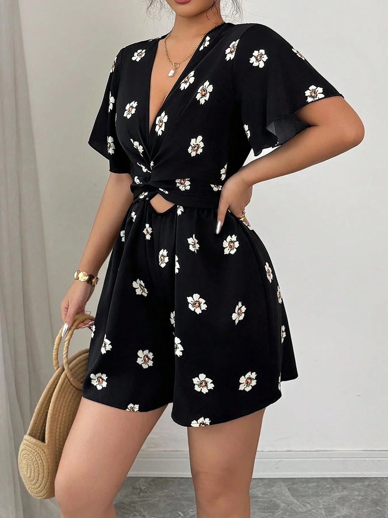 Women's Floral Print Romper, Casual Short Sleeve Romper for Summer, Fashion Women's Clothing for Daily Wear