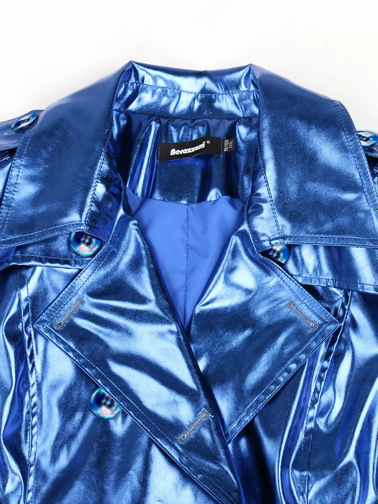 Metallic Reflective Shiny Patent Leather Sashes Double Breasted Trench Coat