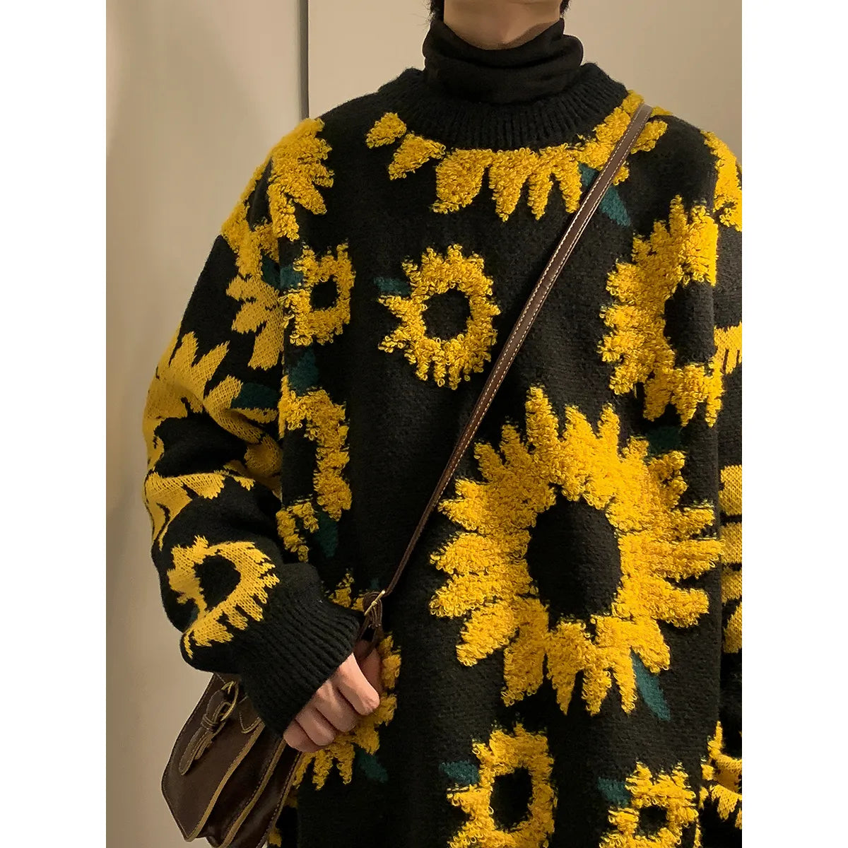 Unisex Sunflower O-Neck Pullover Loose Knitted Sweater