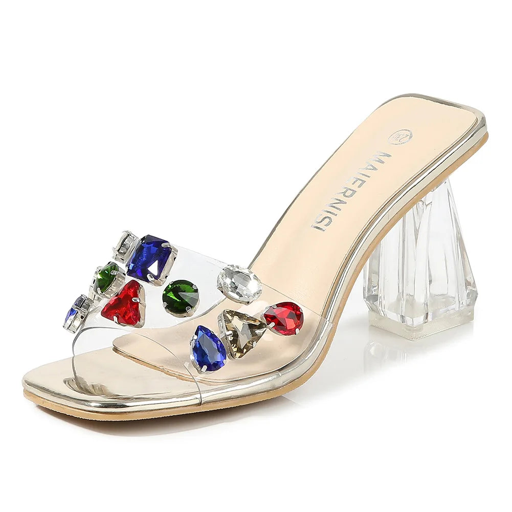 PVC Transparent Clear Crystal Rainbow Rhinestone Embellished Open Toe Low Heel Women's Sandals