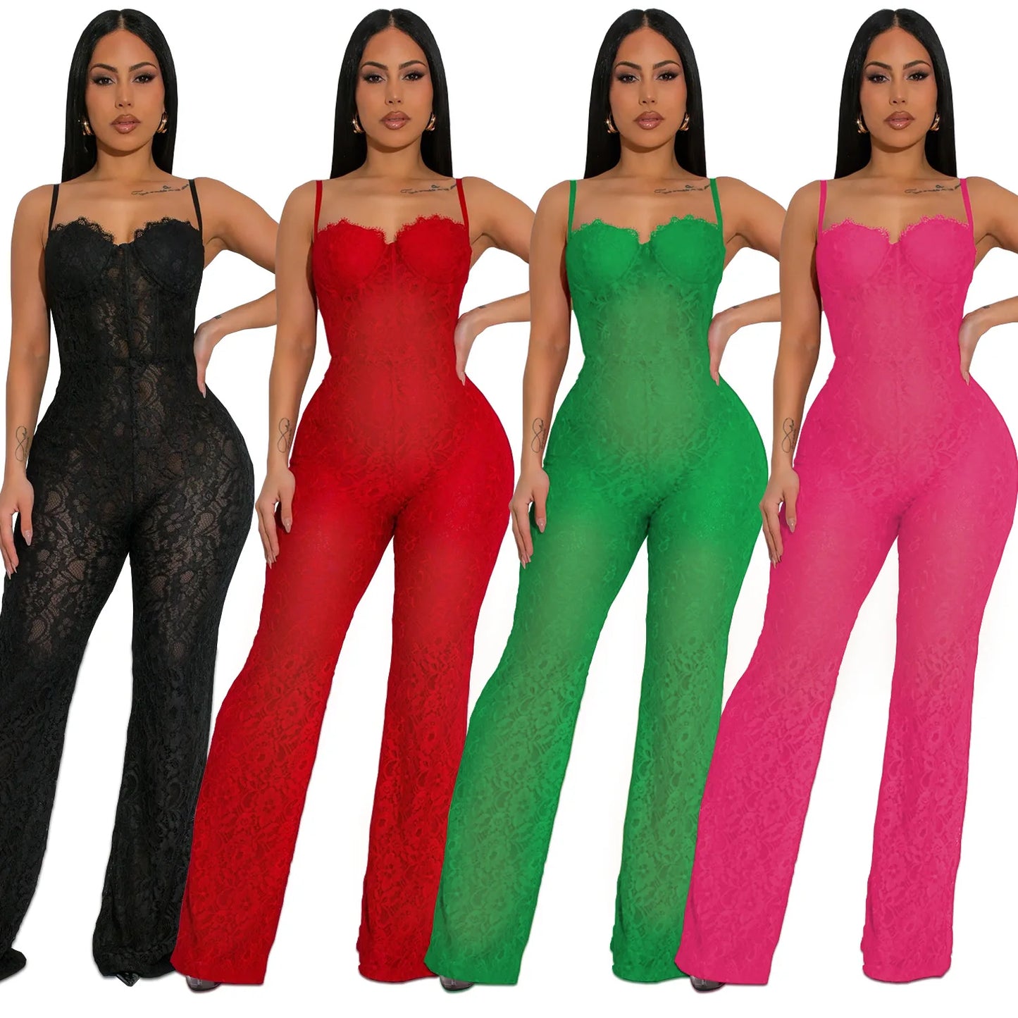 Lace Sexy Sheer Mesh Sleeveless Spaghetti Strap Solid Color Formal Jumpsuit