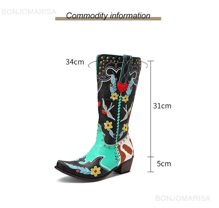 Retro Western Heart Flower Design Embroidered Slip-On Cowgirl Boots