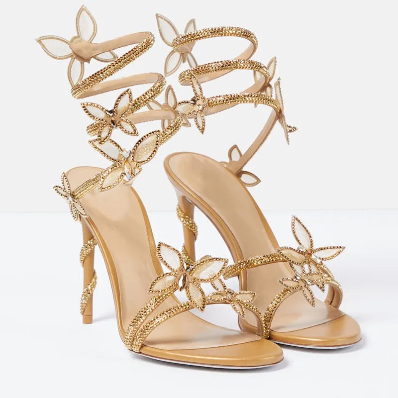 Crystal Butterfly Embellished Detail Spiral Coiled Band Strap High Heel Gladiator Sandal Pumps