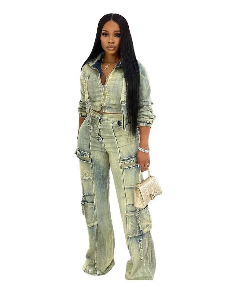 Faded Denim Light Blue Buckle Strap Detail Women's Long Sleeve Zipper Jean Jacket + Streetwear Cargo Pocketed Jeans 2-Piece Set