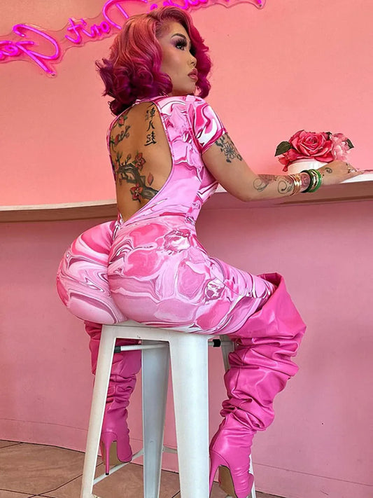 Backless Floral Baroque/Swirl Print Short Sleeve Jumpsuit