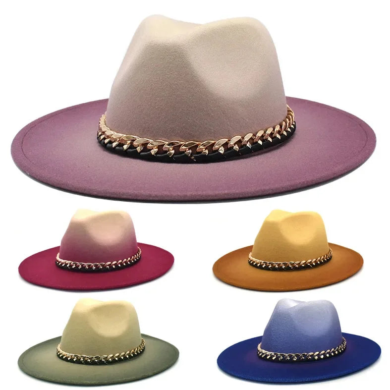 Gradient Colorblock Chain Link Design Fedora Hat