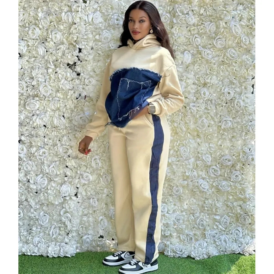 Denim Colorblock Spliced Irregular Patchwork Design Women's Hoodie Sweatshirt + Side Striped Sweatpants Tracksuit