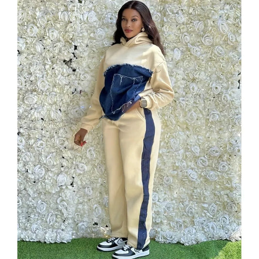 Denim Colorblock Spliced Irregular Patchwork Design Women's Hoodie Sweatshirt + Side Striped Sweatpants Tracksuit