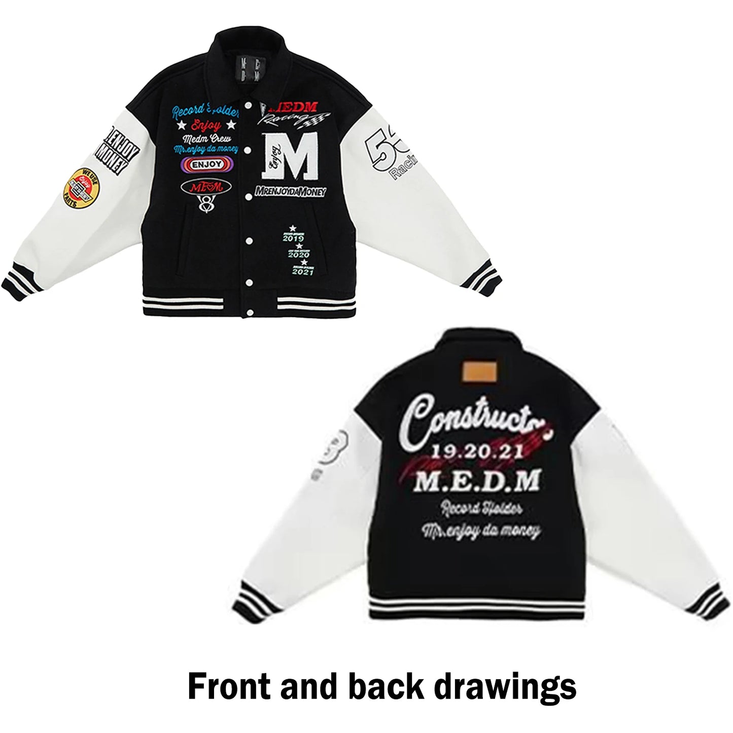 Unisex Varsity Letterman's Rib Sleeve Wool Baseball Bomber Patchwork Jackets