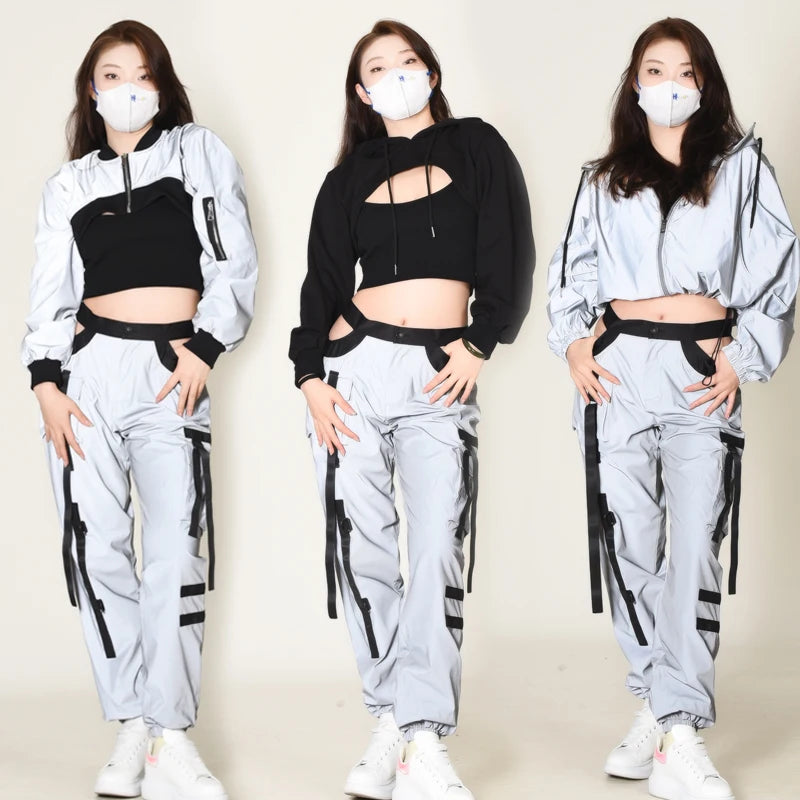 Reflective Hip-Hop Women's Hollow-Out Long Sleeve Patchwork Sweatshirt/Zipper Jacket + Cargo Strap Detail Sweatpants Tracksuit