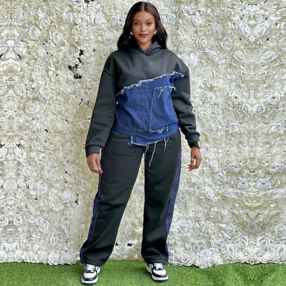 Denim Colorblock Spliced Irregular Patchwork Design Women's Hoodie Sweatshirt + Side Striped Sweatpants Tracksuit