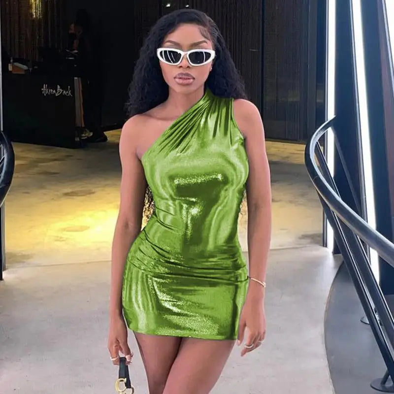 Asymmetrical Faux Leather Metallic/Solid Color One Shoulder Ruched Bodycon Skinny Mini Club Dress