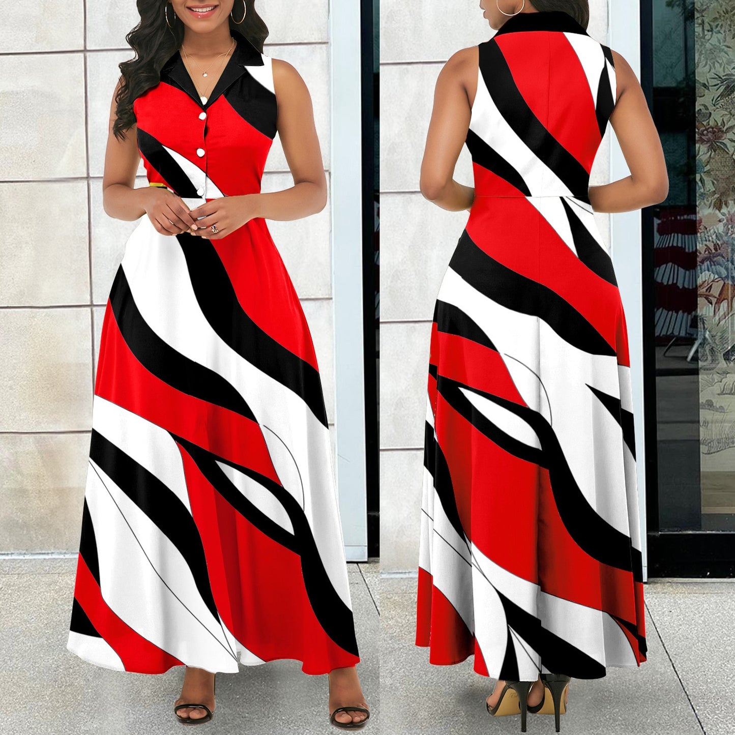 Geometric Colorblock Striped Print V-Neck Sleeveless Button Dress