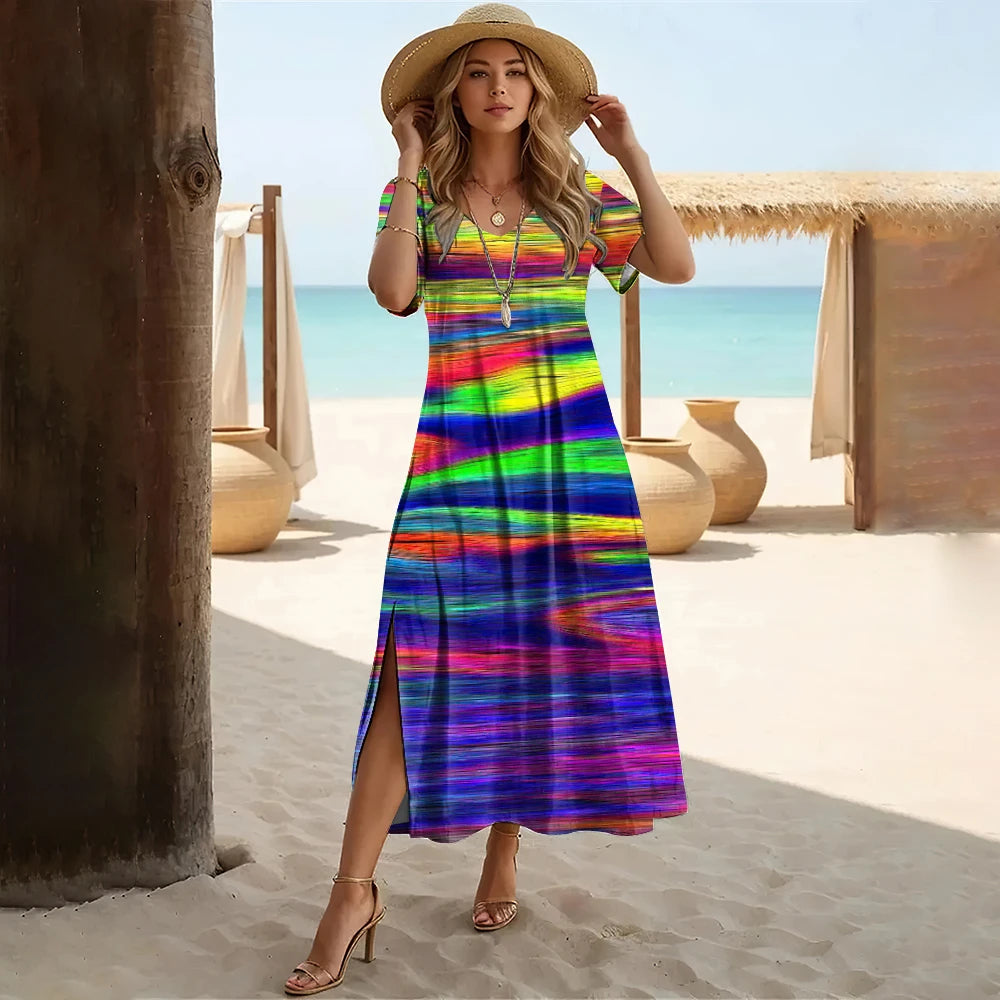 Striped Colorblock Rainbow Print V-Neck Short Sleeve High Slit Midi Sundress to 3X Plus Size