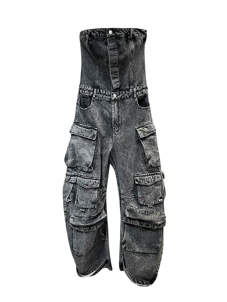 Distressed Vintage Streetwear Denim Cargo Pockets Patchwork Strapless Jean Jumpsuit